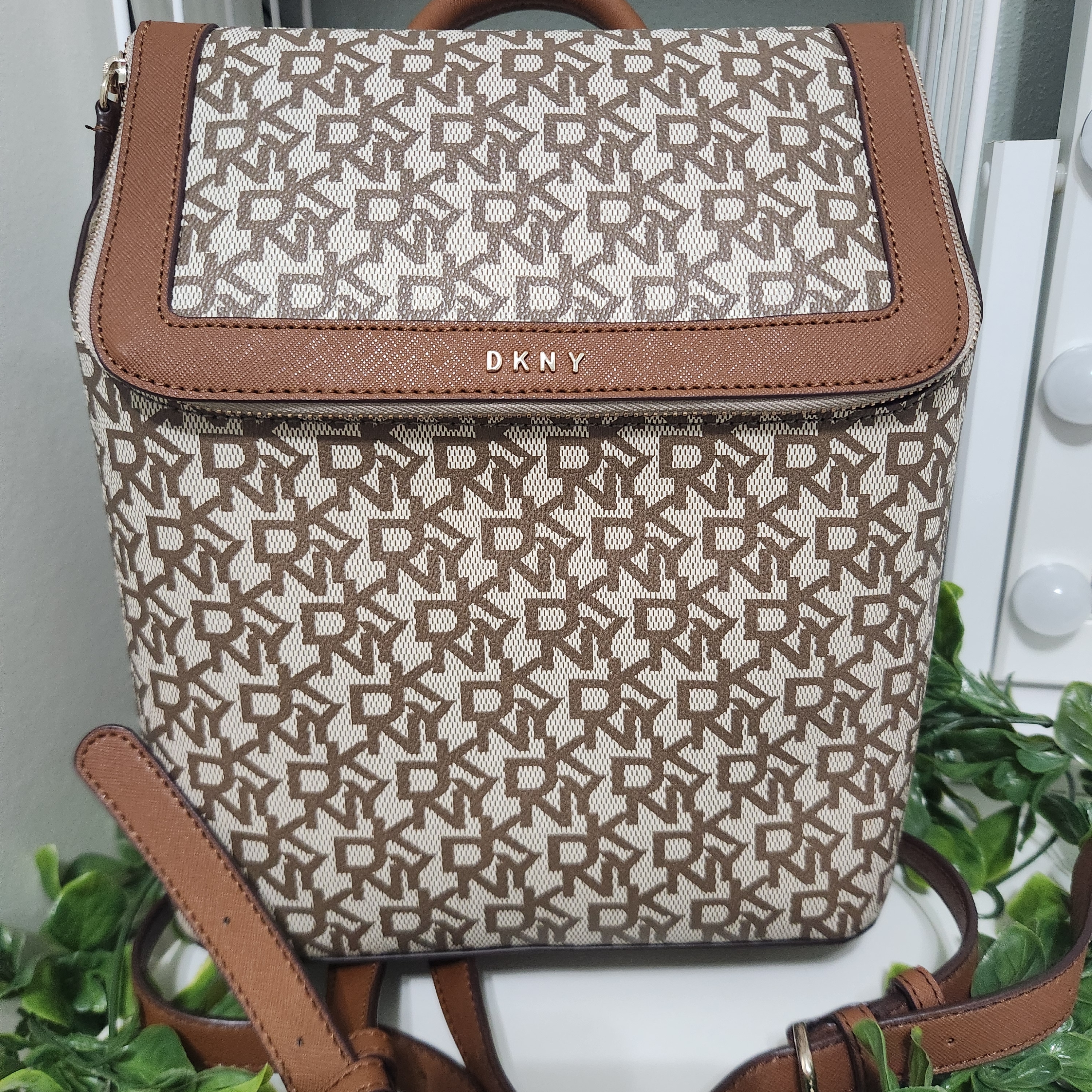 Dkny Tan And Cream Geometric Backpack